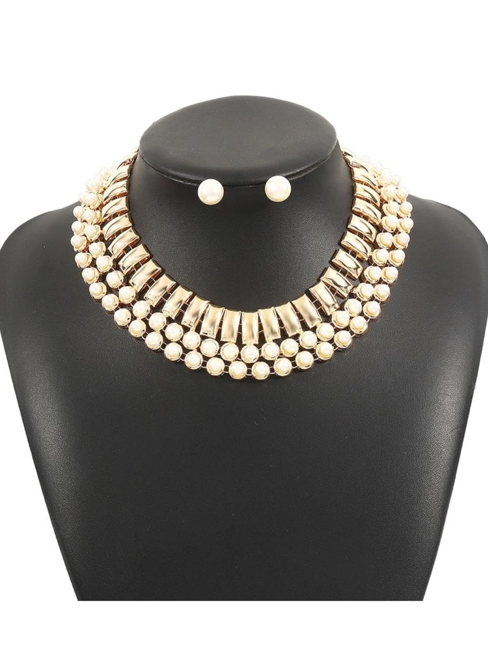 Gold Pearl Layered Statement Choker Necklace & Stud Earrings Set Fifiβs Closet - Picture 2 of 7
